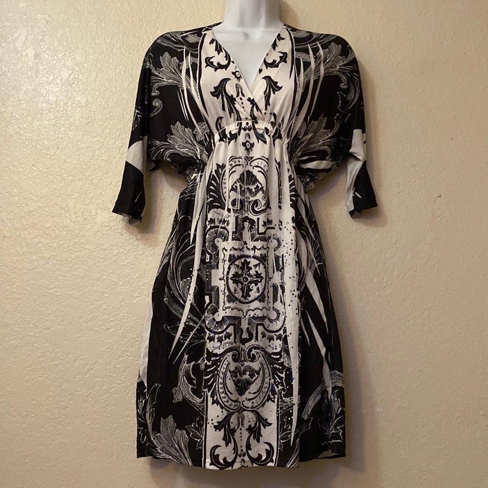 Empire waist black and white dress with rhinestones, print elastic waist